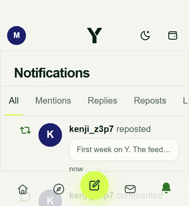 Notifications screen in the Y app